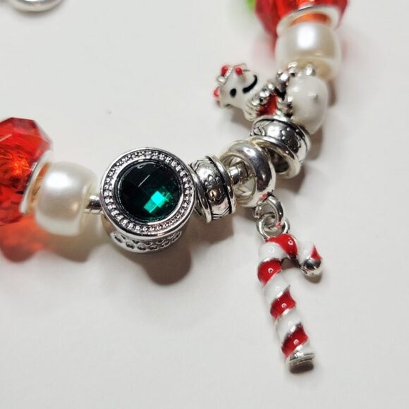 NWT Pandora Style Charm Bracelet Christmas Candy Cane Charm Snowman Red Green - Picture 2 of 7